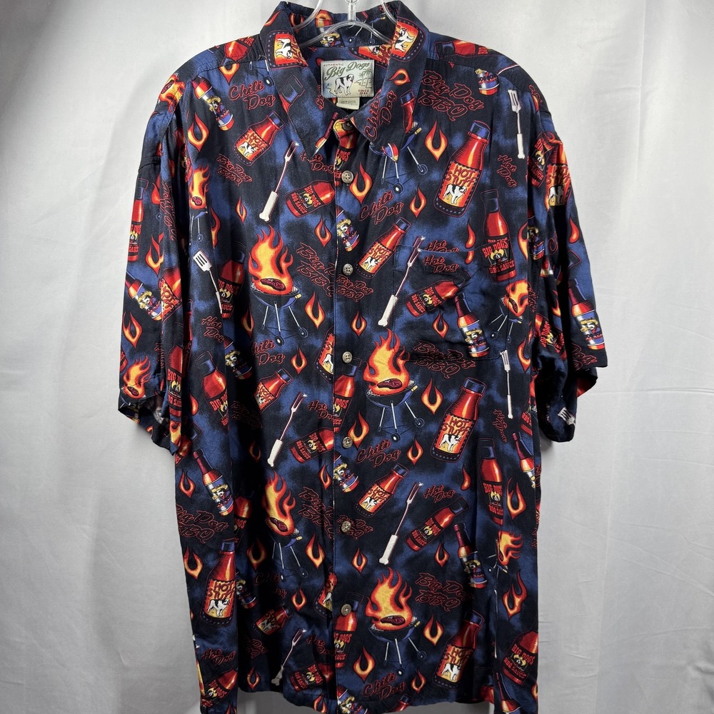 Big Dogs Shirt Mens Large Blue BBQ‎ Grill Chili Dog Hot Sauce Button Up Rayon